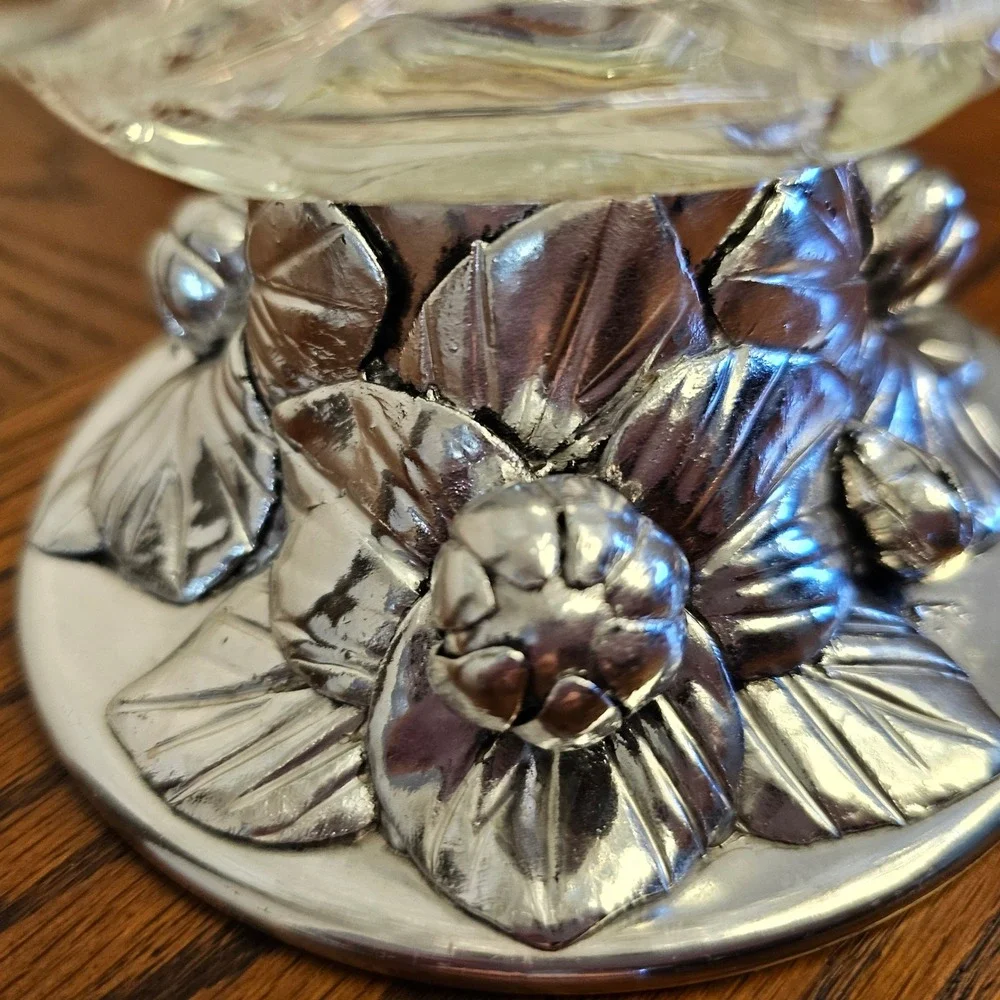 Vintage Ruffled Art Glass Centerpiece Bowl Silver Floral Pedestal Base 18 Inch